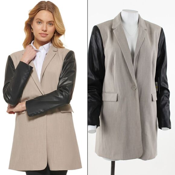 DKNY Mixed Media Faux Leather Sleeve Jacket in City Khaki/Black - Picture 1 of 5